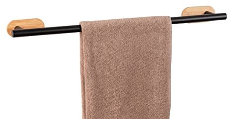 Turbo-Loc Badetuchstange UNO Orea Bamboo, Halter für Badetücher aus Schwarz matt lackiertem Edelstahl kombiniert mit Einer Wandhalterung aus Bambus, Befestigung ohne Bohren, 60 x 4,5 x 7 cm