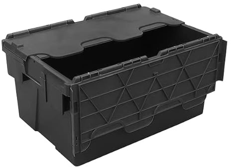 Pack of 1 - Plastic 55 Litre Heavy Duty Storage Boxes (60 x 40 x 30.6cm) Plastor Black Crates with Attached Hinged Lids