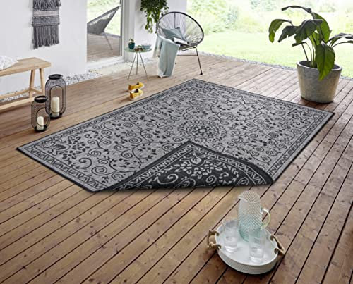 NORTHRUGS In- und Outdoor Teppich Leyte 80x150cm - Wendeteppich Wetterfest Orientalisches Vintage Design Läufer für Balkon Terrasse Garten Wintergarten Wohnzimmerteppich Wasserfest in Night Silver