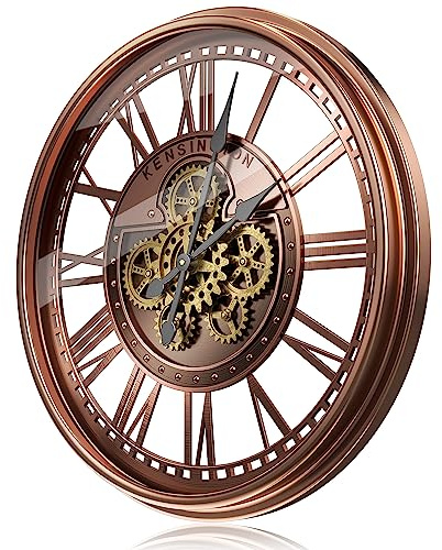 TOKTEKK 28 inch Large Wall Clock with Real Moving Gears, Battery Operated Modern Metal Decorative Oversize Industrial Steampunk Wall Clock for Living Room Decor(Roman Red Bronze)