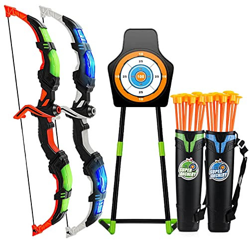 VALYPANOR 2 Pack Bow and Arrow Set for Kids LED Lights Archery Toy Set -Includes 2 Bows 20 Suction Cup Arrows & 2 Quivers & 1 Standing Target Outdoor Toys for Kids Boys & Girls Ages 3-12 Years Old