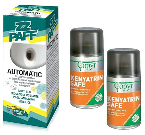 COPYR | Kenyatrin Safe con Erogatore ZZ Paff: Insetticida Pronto all'Uso Contro Insetti Volanti, Mosche e zanzare - Kit 2 Bombol2 250ml, Erogatore Automatico e Batterie Alkaline (2)