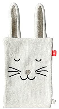 kikadu Gant de toilette en coton bio Hippo pour enfants - 20 x 14 cm - Lavable en machine à 40 °C (lapin blanc crème)