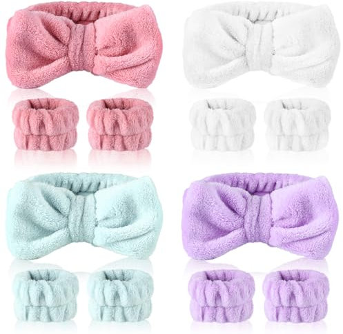 Heyu-Lotus 4paar Handgelenk Waschband mit 4Stück Spa Bowknot Haarbänder Frauen Gesicht Wasch Armbänder Haarband Elastisches Stirnband für Frauen Mädchen Duschen Gesicht Waschen Kosmetik (blau)