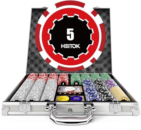 HEITOK Pokerchips mit Nennwerten. 500 Stück 11,5 g schwere nummerierte Casino Chips Set. 5 Würfel, 2 Kartenspiele mit kompaktem Aluminiumkoffer für Texas Hold'em und Blackjack