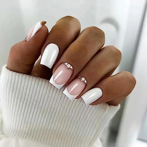 TMUT 24pcs Square False Nails French Tip Stick on Nails White Pink Press on Nail with Rhinestones Removable Glue-on Full Cover Fake Nail Art Accessories for Women Girls
