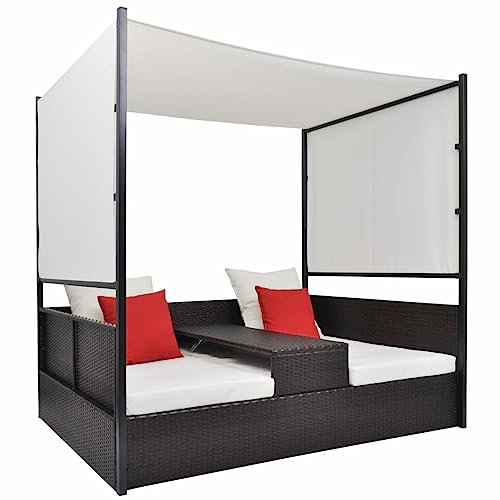 Homgoday Gartenliege mit braunem Dach, 190 x 130 cm, aus Polyrattan, Sofa für den Außenbereich, Sonnenliege für Strand, Pool, Garten