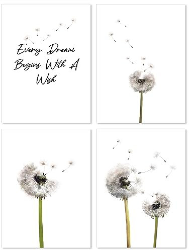 A&M Natural Living Dandelion Prints Quote Wall Art Set of 4 A4 210mm x 297mm Unframed Colour Watercolour Flower Plant Posters for Living Room Bedroom Kitchen and Home Decor
