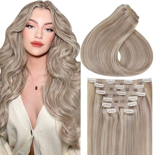 Vivien Echthaar Extensions Clip Blond Gesträhnt Clip in Extensions Echthaar Goldblond und Mittelblond Doppelter Schuss 50cm 120g 7Pcs