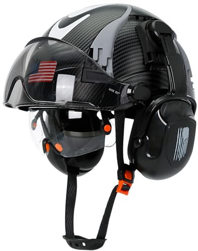 Aolamegs Safe Black Carbon Fiber Hard Hat with Dual Visor and Hearing Protection, OSHA Approved, Hard Helmets with Visor for Sunglasses, Earmuffs for Men, Chainsaw Helmet