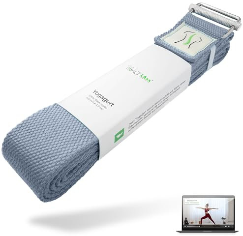 BACKLAXX ® Yoga Gurt Baumwolle (Blau) - Nachhaltiges Zubehör Set, 250 cm Lang Mit Metallverschluss - Ideal für Yoga, Pilates und Dehnen Inkl. Anwendungsvideo