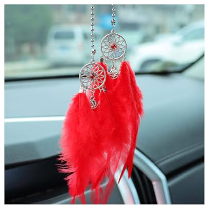 JNNJ Auto Spiegel Hängende Zubehör, Niedlicher Auto Rückspiegel Hängende Ornament, Dreamcatcher Feder Traumfänger, Innen Dekoration Anhänger für Frauen(Rot)