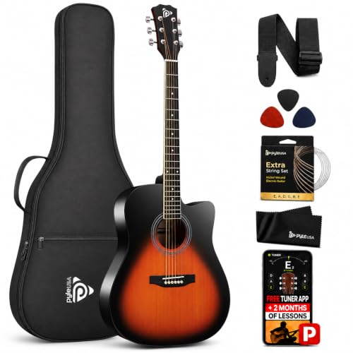 Pyle Steel String Acoustic Guitar Kit, 4/4 Full Size Cutaway All-Wood Guitarra Acustica with Premium Accessory Set and Upgraded Gig Bag, 41 Sunburst Teardrop Matte