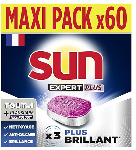 SUN - pastilles lave-vaisselle Tout en 1 Expert Plus - 60 tablettes - brillance - nettoyage en profondeur - 3x plus brillant que les détergents classiques - Fabriqué en France