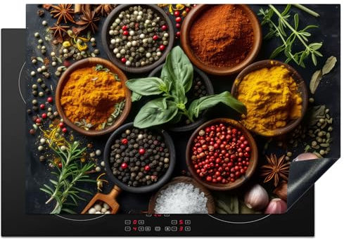 KitchenYeah© Herdabdeckplatte Einteilig Induktionsmatte Küche Abdeckung Ceranfeld Herd Abdeckplatte Deko Vinyl Matte Aufrollbar Kräuter - Küche - Paprika - Kochen - 76x51 cm