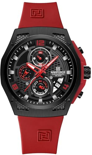 NAVIFORCE Montre pour homme avec bracelet en silicone et calendrier - Étanche - Style sportif - Bleu, Rouge, Sangle