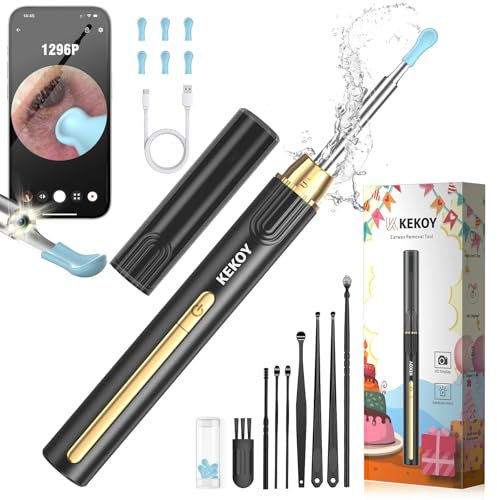 Kekoy P8 Ohrenschmalz Entferner Otoskop, 1920P HD Ohrenreiniger Kamera, IP67 Wasserdicht Wifi Ohrreiniger mit Lichtern für iOS & Android, Ohr Kamera für Erwachsene & Kinder(Schwarzgold + Geschenk)