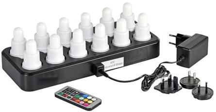 ReWu Duni LED-SET Plug Flex - 12 Stück - Warmweiß & Multicolour Mehrfarbig Wiederaufladbar Inklusive Ladestation & Fernbedienung LED-Beleuchtung Tischleuchten LED-Kerzen Alternative Teelichter