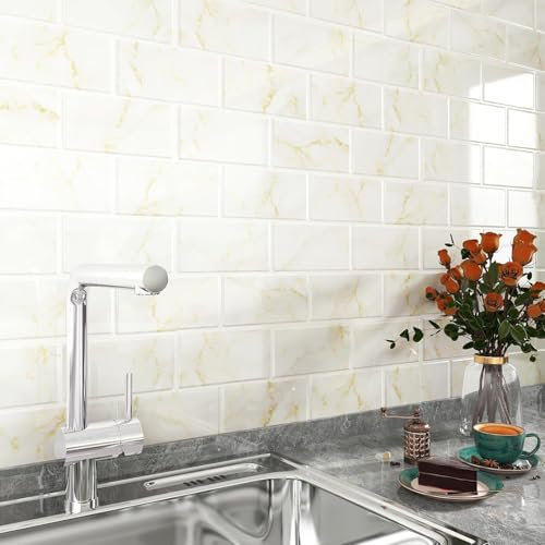 FunStick Stick on Tiles Kitchen Splashback Wall Tile Stickers Marble White Gold Self Adhesive Wall Tiles Bathroom 3D Peel and Stick Kitchen Stickers Washable Vinyl Tile Marble Effect 30×30CM 5 Pcs