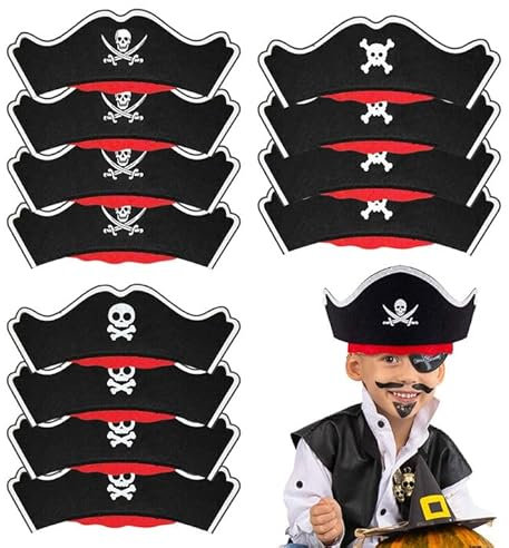 FUIPVGI 12 Stück Piratenhut für Kinder, Filz Piraten Hut Piraten Deko Kindergeburtstag Piraten Accessoires, Piratenkostüm Accessoires für Halloween, Piratenparty, Maskerade, Cosplay (Black)