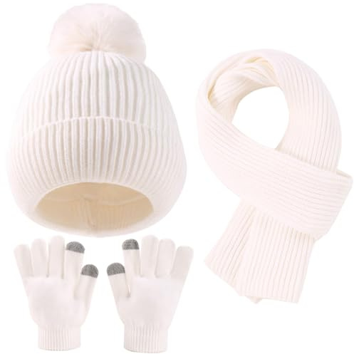 Yaopelky Kid Boy Girl Beanie Hat Schal Touchscreen Handschuhe Set Warme Strickmütze mit Pompon Langer Schal Hals Handwärmer