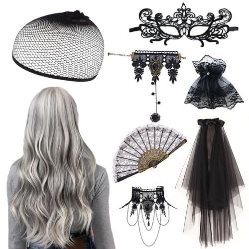 HOVCEH Perücke Halloween Damen, Perücke Frauen Grau, Perücke Frauen Kostüm Halloween, Hexenperücke Gotisch Halskette Armbänder mit Schleier, Handfächer,Manschetten,Maske für Karneval Cosplay