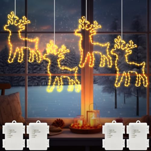 Lot de 4 décorations de fenêtre LED en forme de renne - Fonctionne avec piles - 240 LED - Guirlande lumineuse suspendue avec minuterie - Rideau en métal - Pour l'intérieur et l'extérieur - Blanc chaud