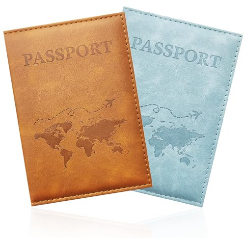 GIKPAX 2 Stück Reisepasshüllen, Reisepasshülle aus PU-Leder, Reisebrieftasche für Reisepass, Ticketkarte, Bordkarten, Kreditkarte, Visitenkarten (Braun+Hellblau)