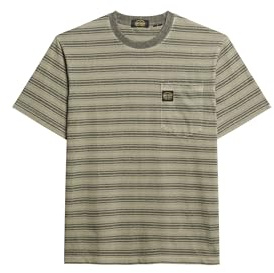 Superdry Herren T-Shirt mit strukturierten Streifen und Tasche Verwaschen Olivgrün Gestreift XL