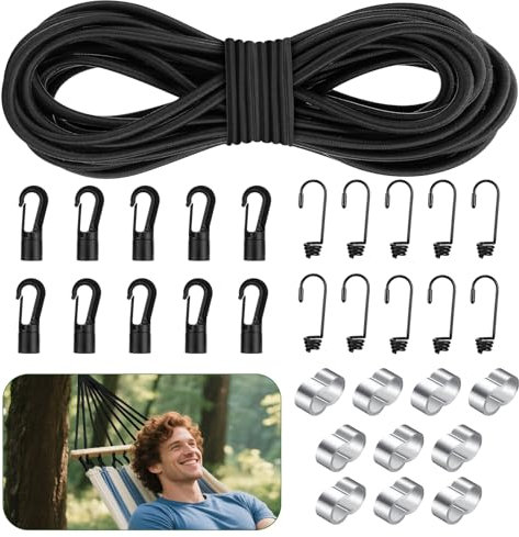 Lociban Gummiseil 15m, Expanderseil 6mm 15m, Gummischnur mit 10 Spiralhaken, 10 Kunststoffhaken,10 Würgeklemmen, Elastisches Gummikordel Gummischnur für Anhängerplane, Camping, Segeln Planenseil
