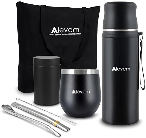 Kit Mate Argentino Completo 7 Pcs - Incluye Calabaza Mate, 2 Bombilla Mate, Termo Mate Argentino 1L, Caja para Guardar Yerba Mate Argentina y Bolsa para Transportar el Kit de Mate - Mate Argentino Set