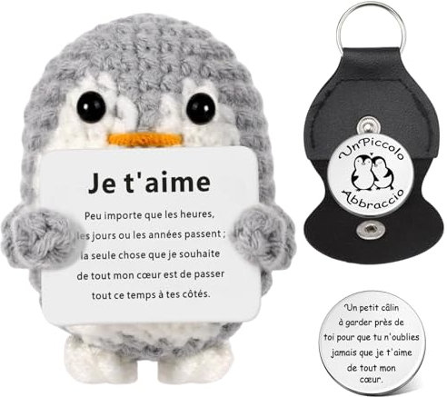 LOHENYOR Cadeau Saint Valentin Original - Petit Pingouin Porte-Bonheur & Jeton de Câlin Anti-Stress - Cadeau Original pour Anniversaire ou Noël - Pour Femme, Petit Ami et Couple
