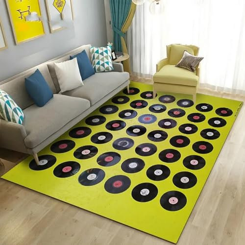 Klassische Musik, Vintage-Teppich, Vinyl-Schallplatten, 140 x 200 cm, leicht, luxuriös, minimalistischer Stil, Wohnzimmerteppich mit strapazierfähiger, rutschfester Unterseite für einfache Reinigung
