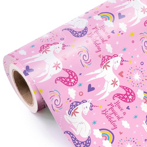 RUSPEPA Rouleau de Papier Cadeau Anniversaire Licorne Rose - Mini Rouleau - 43,2 cm x 10 m - Ayez un Design d'anniversaire Magique, Parfait pour Anniversaire, Baby Shower, Fête