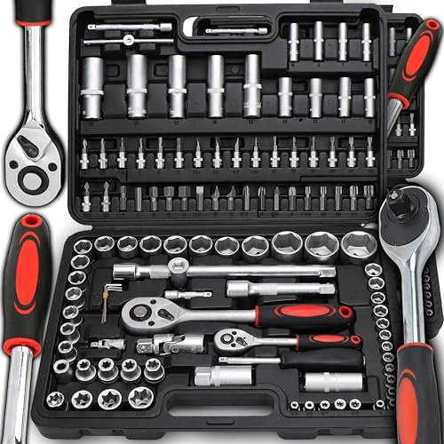 Retoo Steckschlüsselsatz 108-tlg mit Vielzahn Nusskasten, 1/2 und 1.4 Steckschlüssel 4-32mm, Umschaltknarre, Verlängerungsstangen, Bitsatz Steckschlüsseleinsätze Werkzeugkoffer für Reparatur