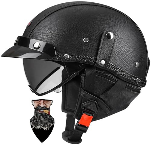 Retro Leder Halbschalenhelm ECE-zertifizierter -Design mit Hochfestem ABS PC-Visier - Abnehmbares Innenfutter, Schnellverschluss, für Chopper/Moped/Roller - HerrenDamen (C, L57~58CM)