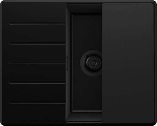 PRIMAGRAN Spülbecken Alles Schwarz 62x50cm, Granitspüle 1 Becken + Ablauf-Set + Schneidebrett, Küchenspüle ab 45er Unterschrank - Kopenhagen S228