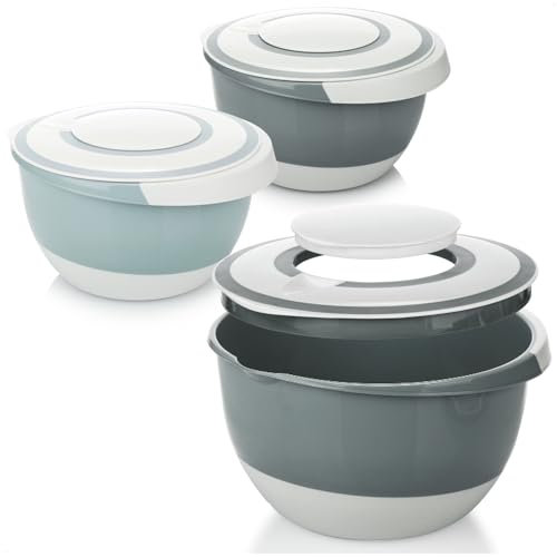 com-four® 3x 5 L Rührschüssel mit Deckel, Rühröffnung und Ausgießer - große Salatschüssel - Backschüssel mit Stoppboden - Schale mit Spritzschutzdeckel [Auswahl variiert] (3x 5L - Farbmix)