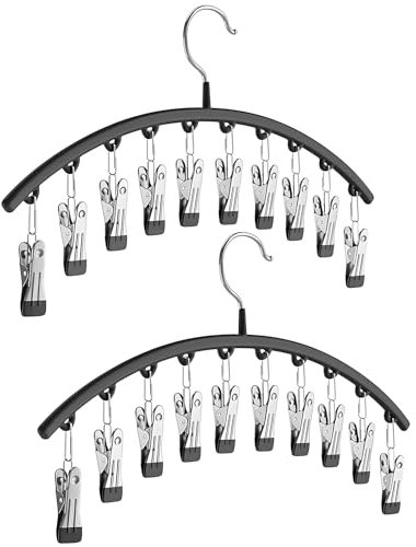 Huoflame Kleiderbügel Organizer mit 10 Clips – Platzsparend Hosenbügel mit Drehbarer Edelstahlhaken – Metall Kleiderbügel Schwarz für Kleiderschrank, Babywäsche, Socken und Unterwäsche