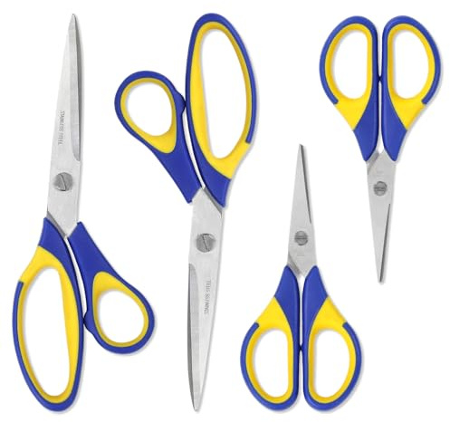 WISEPRO Edelstahl-Scheren-Set 4 Stück – Scharfe Klingen 2 mm Dicke, Komfortable Griffe, Langlebig –Multifunktionales Scherenset, Ideal für Handwerk, Büro, Schule & Haushalt (Blau-Gelb)