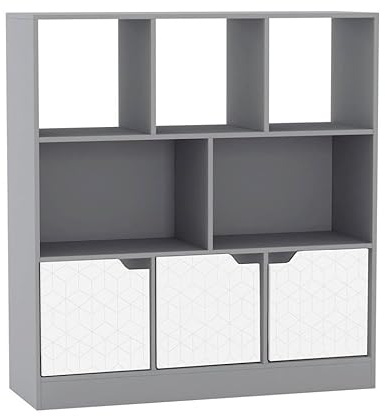 URBNLIVING Asymmetrical 8 Cube Grey Bookcase – Freestanding Storage Shelf Unit with 3 Doors for Living Room, Bedroom & Office - Geo Design Doors - White