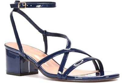 ESSEX GLAM Women's Ankle Strap Sandals Ladies Low Mid Block Heel Party Bridal Faux Leather Buckle Strappy Shoes Size 3-8