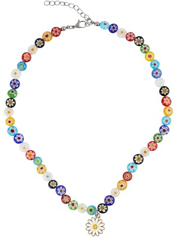 Sariputa Damen Boho Bunte Perlenkette Kette Halskette Bunt Blume Daisy Verstellbare Bunte Daisy Halskette für Mädchen Sommer Schmuck Zubehör aus Glas