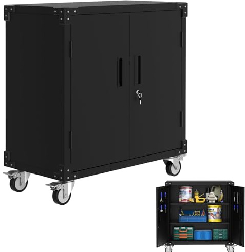 Werkzeugschrank mit Rollen, Aktenschrank Stahl mit 2 Türen abschließbar & Höhenverstellbarer Einlegeboden, Büroschrank Stahlschrank Metallschrank für Garage, Haus und Büro 80 x 42 x 90 cm