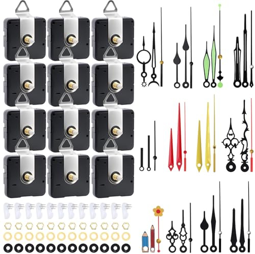 QUOTRE 12 Pcs Quartz Clock Mechanism Kit, Battery Powered Clock Mechanism with 12 Sets of Aluminum Clock Hands, Hooks & Adhesive Nails, Replacement Clock Mechanism for DIY Wall Clock Repair & Making