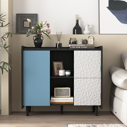 HUQIQWE Aparador Negro con Puertas Azules 2 Cajones 2 Estantes Abiertos Panel Único para Cocina Comedor Y Salón Aparador Cocina Mueble Bar Mueble Cafetera Aparadores para Salon 120x40x80 Cm