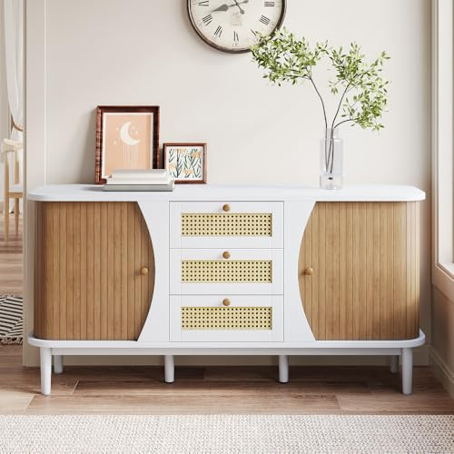 Muskel Sideboard Rattanschrank 140cm Modernen Kommode mit Rattan Schubladen & Schiebetüren Stauraum, Buffetschrank TV-Tisch für Wohnzimmer, Esszimmer, Abgerundete Kanten Rustikal (Weiß, 140cm)