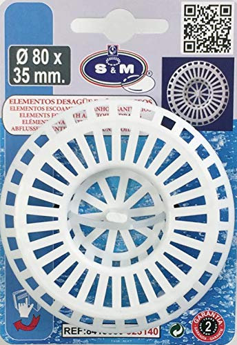 S&M Rejilla plástico grande para desagüe de fregadero de cocina y/o baño acabado en blanco Ø80 x 35 mm