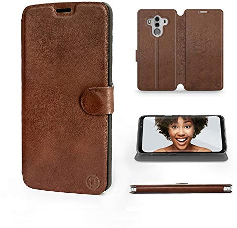 MOBIWEAR | Echt Lederhülle | Kompatibel mit Huawei Mate 10 Pro, Made in EU handyhülle, Slim Leather Case, Premium Flip Schutzhülle, Transparent TPU Silicon, Book Style, Tasche - Braunes Leder