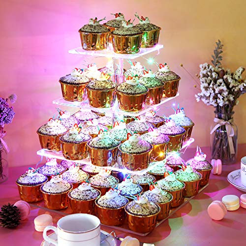 Vdomus Gebäckständer, 4 Etagen, Acryl, Cupcake-Ständer mit LED-Lichterkette, Dessertbaumturm für Geburtstag/Hochzeit, Party (mehrfarbig)